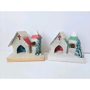 Vintage‎ Christmas cardboard house Putz Japan 4" pair church